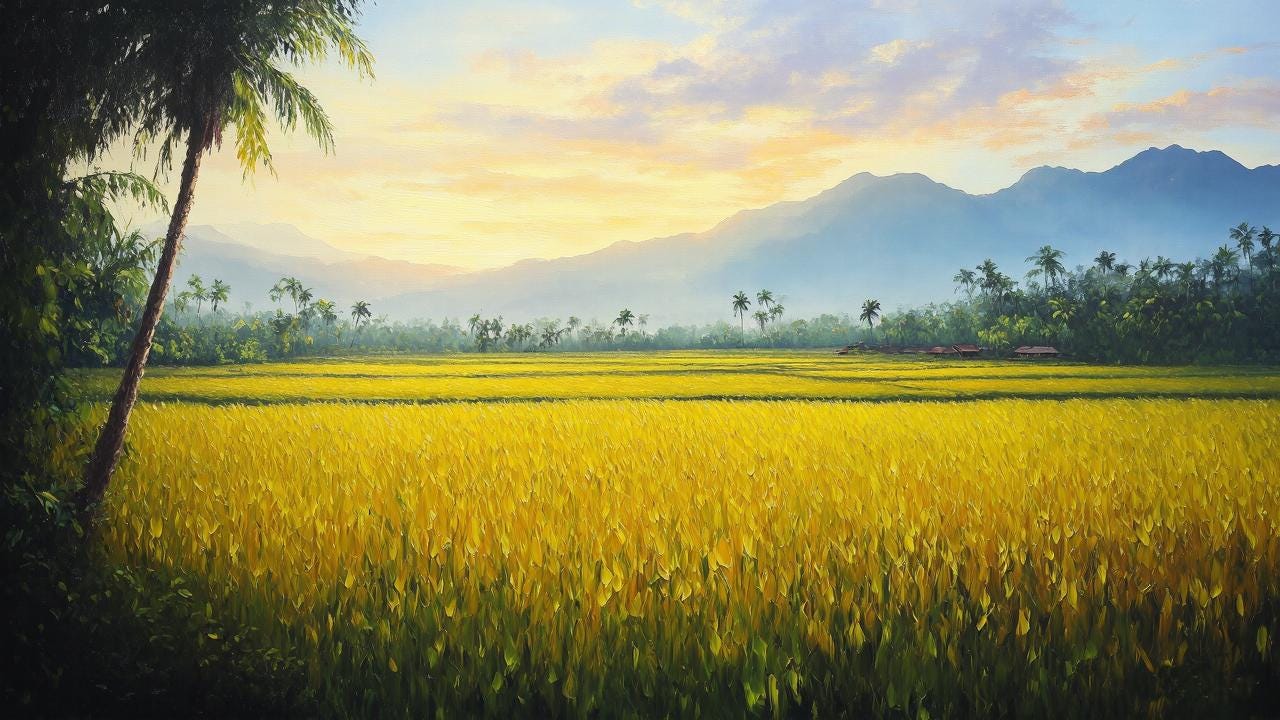 Balinese Rice Field Sunset Oil Painting: Golden Landscape Art, Tranquil ...