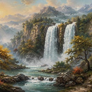Peut inclure: Une peinture à l'huile représentant une double cascade dévalant une falaise rocheuse dans une rivière. La scène présente des arbres verts et dorés luxuriants, des sommets montagneux escarpés au loin et un soleil doux et brillant illuminant la vallée brumeuse.