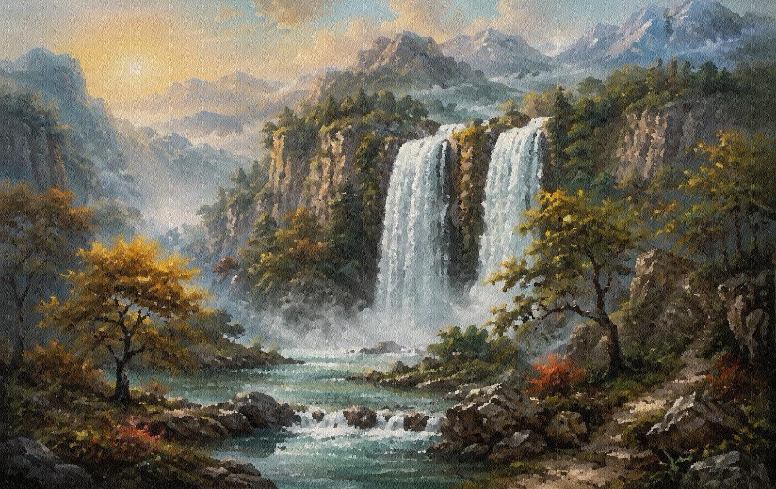 Mountain Waterfall Painting - Etsy