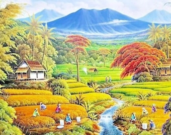 穏やかな田んぼと流れる川 - 静かな村の生活を描いた風景画 - Etsy 日本