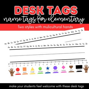 Könnte beinhalten: Schreibtisch-Etiketten für Grundschüler mit dem Text "DESK TAGS name tags for elementary". Die Etiketten zeigen zwei Stile mit multikulturellen Händen, Buchstaben, Formen und einer Zahlenlinie von 0 bis 20. Der Text "make your students feel welcome with these desk tags" ist ebenfalls enthalten.