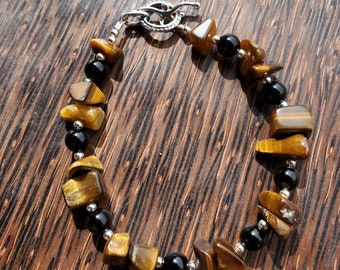 Vintage tiger eye/onyx semi precious chip sterling silver bracelet