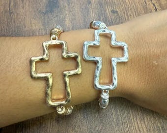 Gold or Silver Hammered Cross Mixed Metal Stretch Bracelet