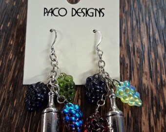 Boucles d'oreilles artisanales bouteille de vin et raisin
