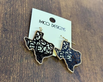 Taille Texas : boucles d'oreilles en filigrane noir avec bordure en lasso et estampes Texas