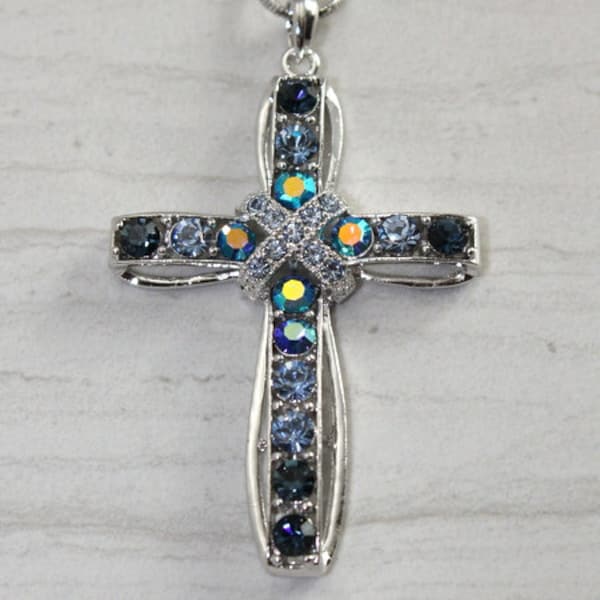 Gorgeous Sapphire Blues Rhinestone Cross Necklace