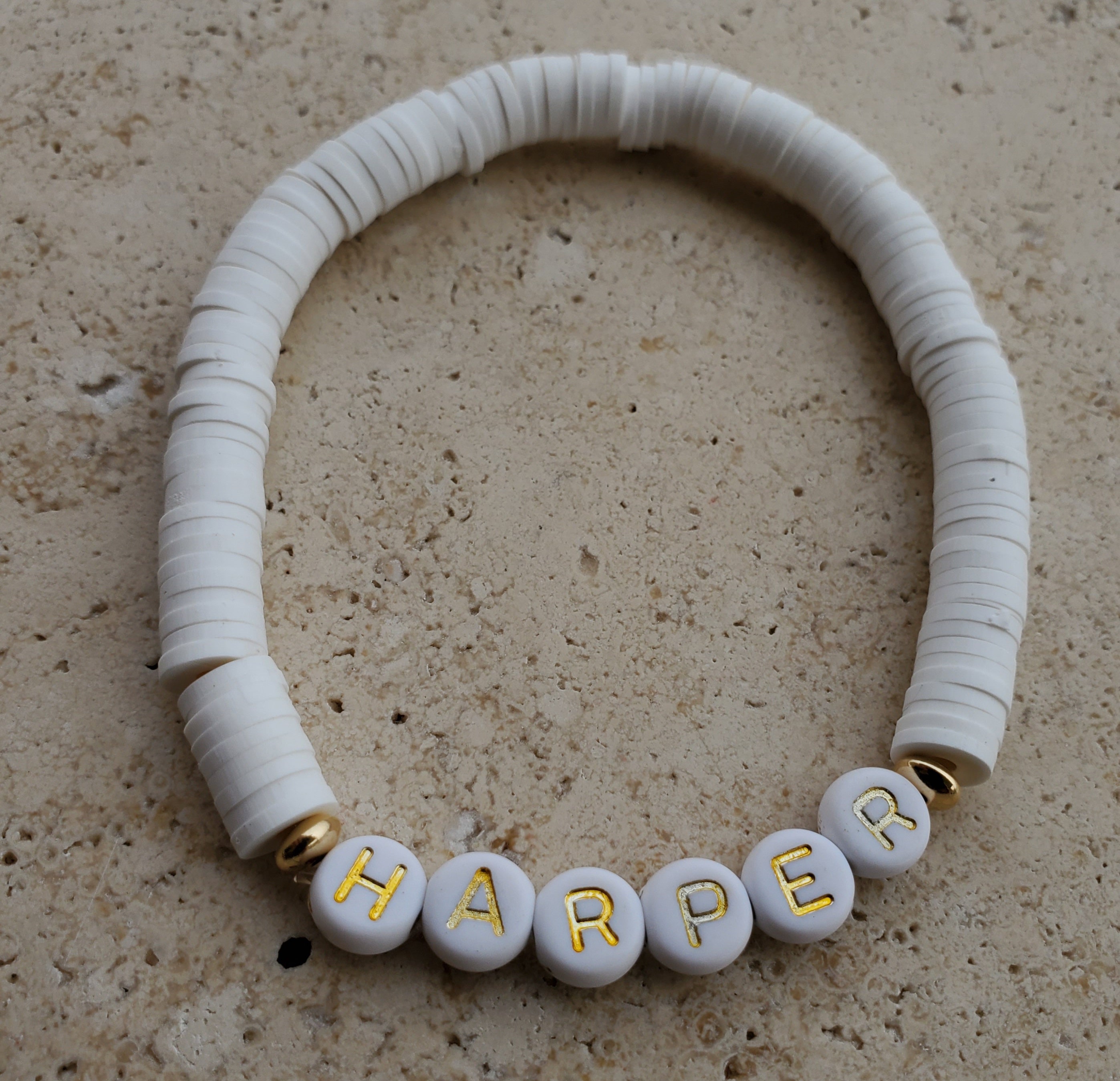 Stretch Name bracelet with 6mm Polymer Clay Beads. Etsy