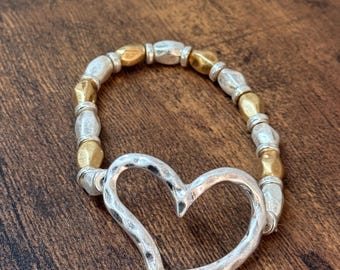 Hammered Heart Pendant Two Tone Beaded Bracelet