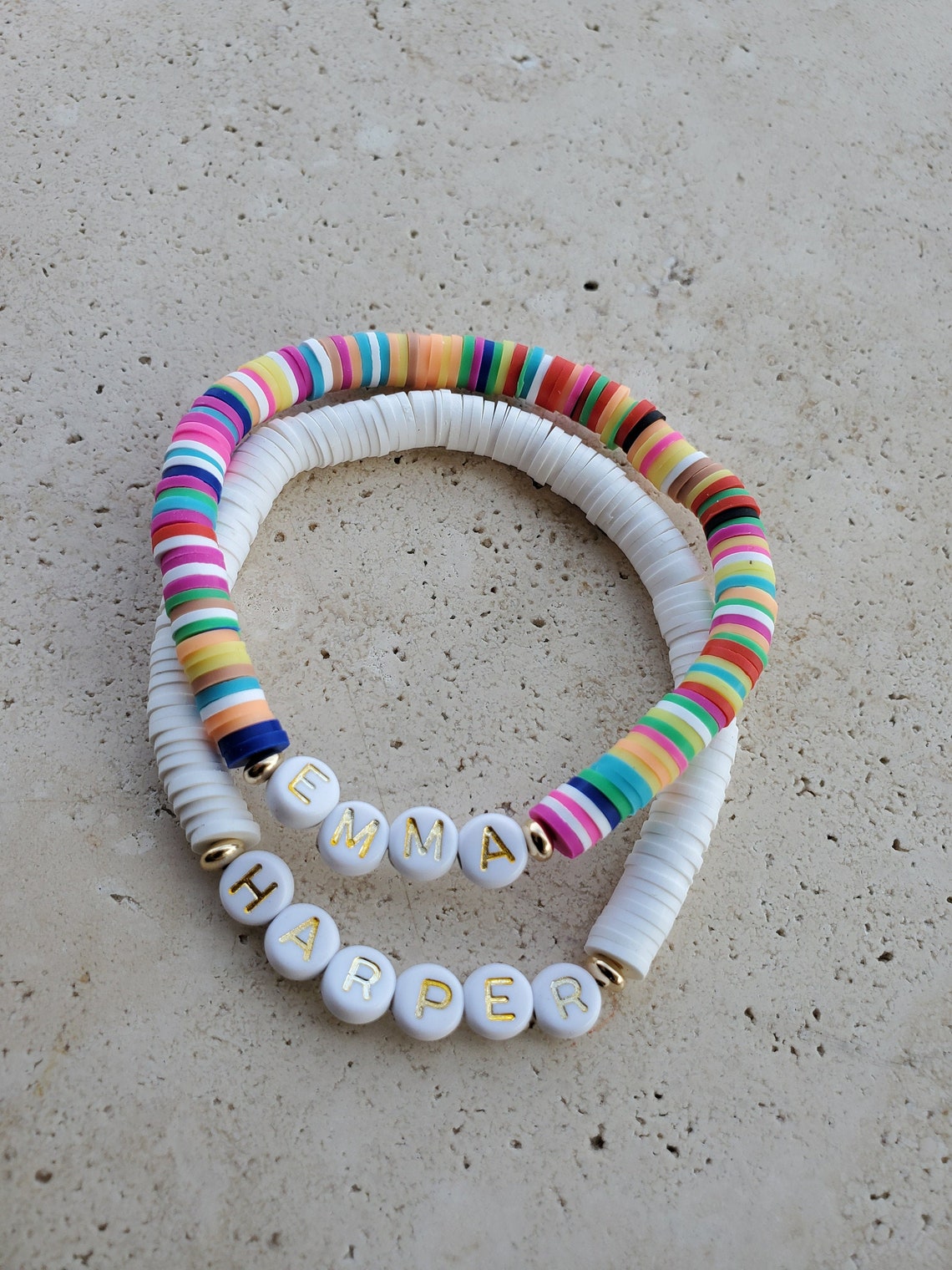 Stretch Name bracelet with 6mm Polymer Clay Beads. Etsy