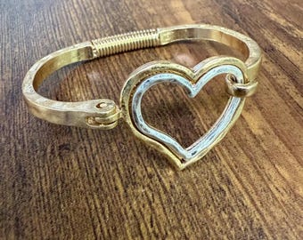 Mixed Metal Heart Cuff Bracelet -Silver/Gold
