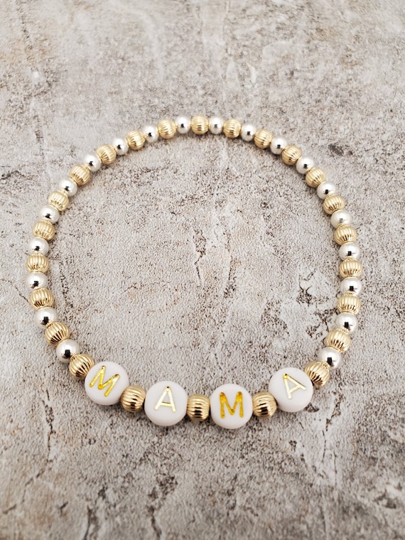 Sterling Silver and 14KT Gold Fill Beaded Mama Stretch Bracelet