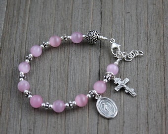 Sterling Silver and Pink Cat's Eye Children's Rosary Bracelet