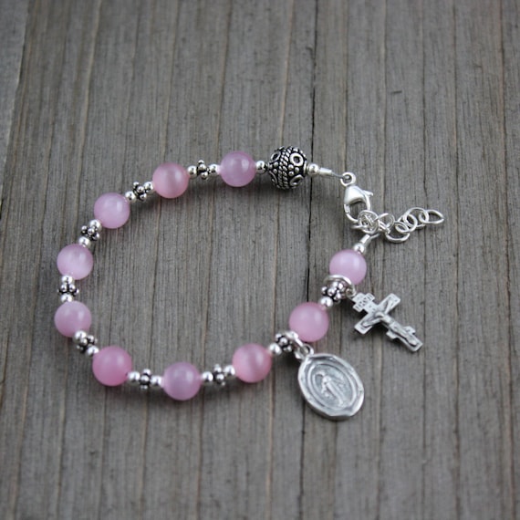 Sterling Silver and Pink Cat s Eye Children s Rosary Bracelet Etsy