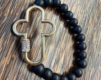 Gold Bling Accent Cross Stone Beaded Bracelet