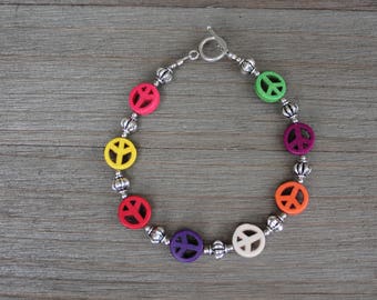 Multi Color Stone and Pewter Peace Sign Beaded Bracelet