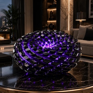May include: A spherical sculpture composed of numerous small, black, square-shaped blocks arranged in a swirling, vortex-like pattern. The gaps between the dark blocks are illuminated by a vibrant, glowing purple light emanating from within.