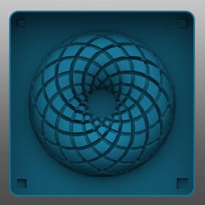 May include: A square teal wall panel featuring a central circular dome with a repeating geometric pattern of interlocking curved segments. The design creates a spiraling, three-dimensional effect with a hollow center and small square cutouts at corners.