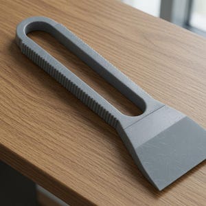 May include: A gray plastic scraper tool featuring a long, open-loop handle with a textured grip along the sides and a wide, flat, beveled blade edge at the bottom. The tool has a matte finish and a uniform light gray color throughout its structure.
