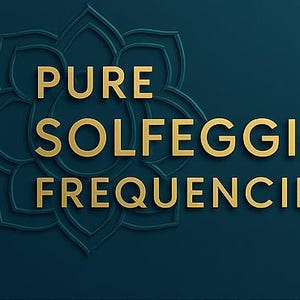 Op de afbeelding: Een teal achtergrond met gouden tekst die luidt: "PURE SOLFEGGIO FREQUENCIES." Achter de tekst bevindt zich een gouden bloemenontwerp. De tekst en het ontwerp hebben een 3D-effect, waardoor diepte ontstaat. De algehele esthetiek is elegant en modern.
