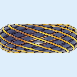 May include: A 3D-rendered, abstract object with a rounded, oblong shape. The design features a dark blue, diamond-patterned core encased in a golden-yellow, interwoven lattice. The object is set against a light blue background.