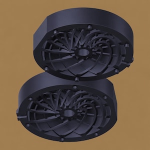 May include: Two identical dark gray circular mechanical components featuring a complex internal structure of curved, radiating fins surrounding a central gear-like hub. Each component has a solid outer rim with small cylindrical mounting pegs.