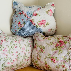 Quilted Cat Pillow: Shabby Chic Patchwork Decor, Nursery Accent