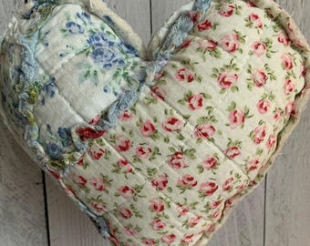 Quilted Floral Stuffed Heart Pillow, Rustic Farmhouse Decor