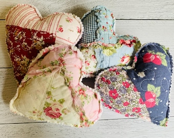Fabric Heart Bowl Fillers Rustic Quilted Patchwork Stuffed Hearts Farmhouse Decor