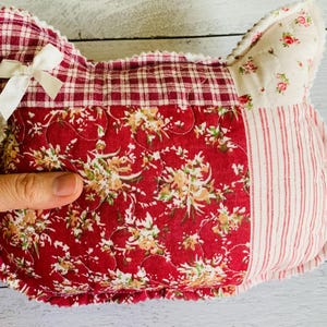 Quilted Cat Pillow Reversible Patchwork Plushie for Nursery Decor for Girls Bedroom