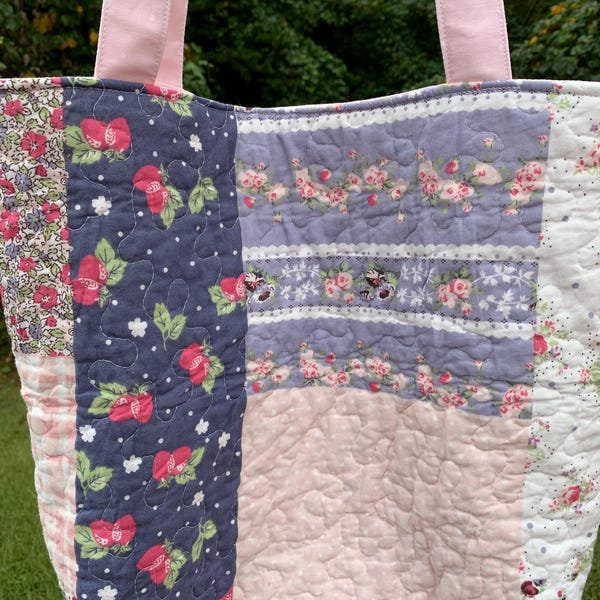 Cottagecore Purple Tote Bag - Handmade Patchwork Cotton
