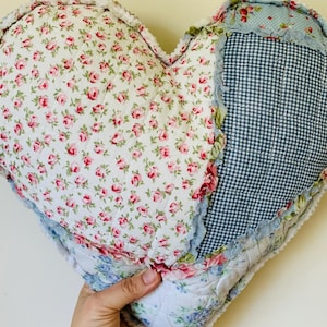 Heart Throw Pillow Quilted Patchwork Couch or Bed Pillow Shabby Chic