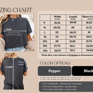 T-shirt size guide (s-4xl) and color options (pepper, black).
