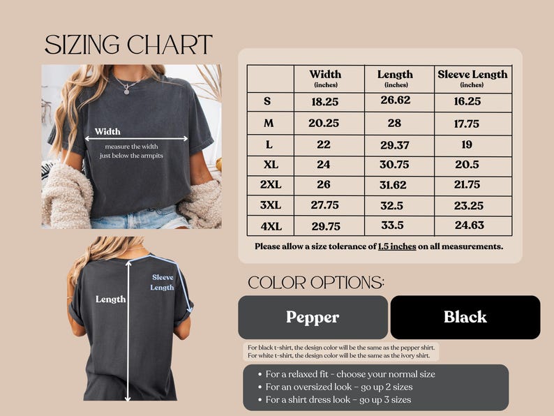 T-shirt size guide (s-4xl) and color options (pepper, black).