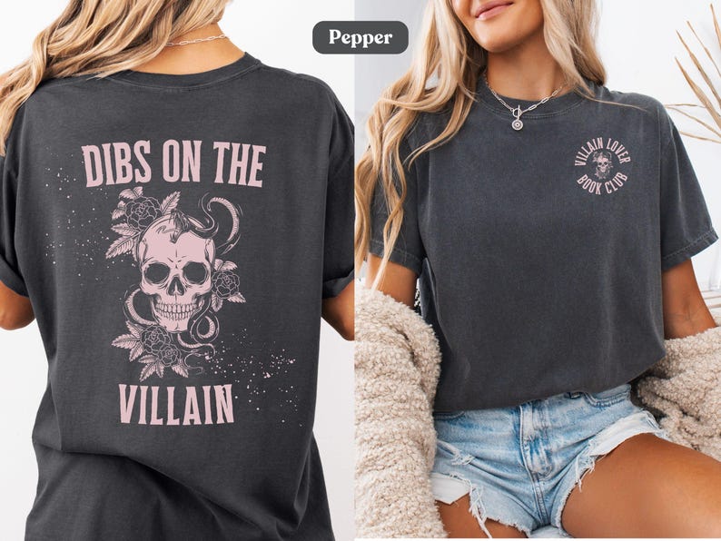 Lifestyle image of a villain lover Comfort Colors® t-shirt in pepper color. Text on the shirt says "dibs on the villain".