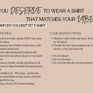 List of features and care instructions for the t-shirt.