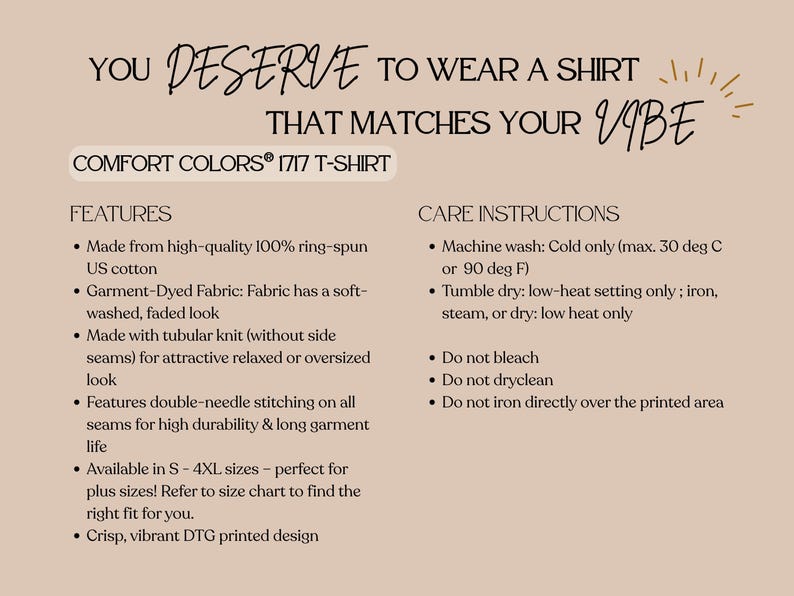 List of features and care instructions for the t-shirt.