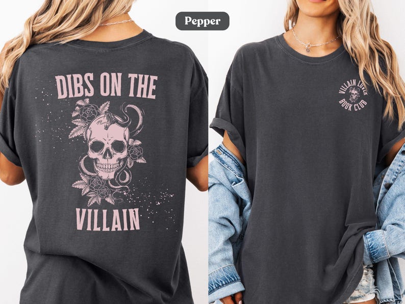 Lifestyle image of a villain lover Comfort Colors® t-shirt in pepper color. Text on the shirt says "dibs on the villain".