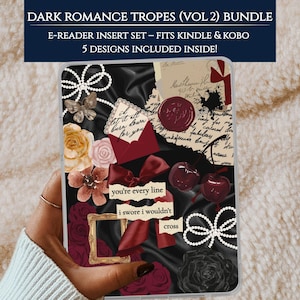 May include: A clear e-reader case insert featuring a collage of dark romance imagery, including a red wax seal, cherries, roses, a gold frame, and pearl bows on a black satin background with text reading 'you're every line i swore i wouldn't cross'.