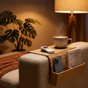 May include: A cozy living room scene with a wooden sofa arm tray holding a coffee cup, remote, phone, and a book titled "Minimalist Living." A warm, knitted throw blanket and a potted plant add to the inviting atmosphere.
