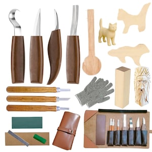 18 Piece Hand Wood Carving Chisel Set, Professional Woodworking Tools Kit UK with Protection Gloves, Wood Blank Cat, Dog, Spoon Blank