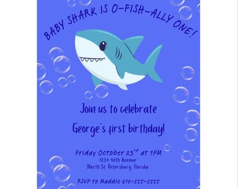 Plantilla de invitación para el primer cumpleaños de Baby Shark (descarga digital en Canvas)