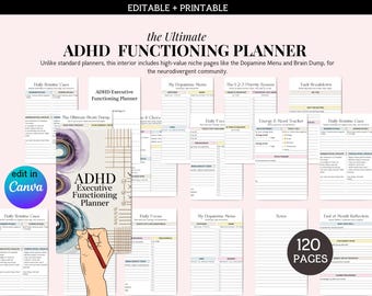 Planificador imprimible para TDAH / Planificador de funciones ejecutivas / Menú de dopamina / Planificador neurodivergente / Editable en Canva / Descarga de ideas / Descarga en PDF