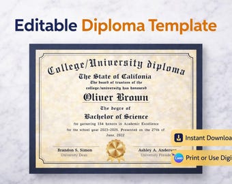 Plantilla de diploma editable, diploma universitario imprimible, certificado de graduación personalizado, plantilla de diploma de Canva, regalo de diploma falso