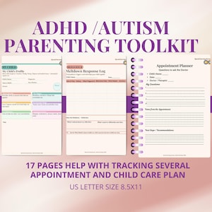 Könnte beinhalten: ADHS/Autismus-Eltern-Toolkit mit drei offenen Seiten, gebunden durch eine Spirale. Die Seiten enthalten Abschnitte für das Profil meines Kindes, das Meltdown Response Log und den Terminplaner. Der Text lautet: "17 SEITEN HELFEN BEI DER VERFOLGUNG MEHRERER TERMINE UND DES KINDERBETREUUNGSPLANS US LETTER GRÖSSE 21.6x27.9cm".