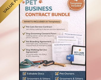 Paquete de contratos para el cuidado de mascotas / Contrato de cuidado de mascotas a domicilio, consentimiento para el aseo, contrato de alojamiento para perros y contrato de paseo de perros / Plantillas de Word editables