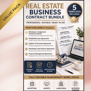 Real Estate Investor Contract Bundle | Wholesale Purchase, Lease Agreement, Joint Venture, Subject-To & Property Management | Word Templates