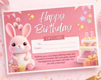 Certificado de regalo de cumpleaños con diseño de conejito, cupón editable para niños (descarga digital)