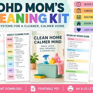 Puede incluir: Un kit de limpieza digital con lista de verificación diaria, plan semanal, guía por habitaciones y temporizador de 15 minutos. El texto dice ADHD MOM'S CLEANING KIT, SIMPLE SYSTEMS FOR A CLEANER, CALMER HOME y CLEAN HOME CALMER MIND.