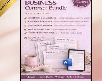 Paquete de contratos para salones de belleza y esteticistas / Formulario de admisión de clientes, Acuerdo de servicio, Alquiler de cabina, Consentimiento para depilación con cera, Política de reembolso / Plantillas de Word