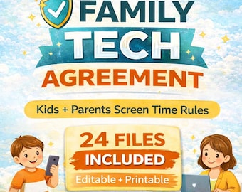 Paquete de acuerdos tecnológicos familiares / Contrato de teléfono para niños, Contrato de tiempo de pantalla en redes sociales, Seguridad en juegos en internet / Arcoíris + Minimalista / PDF Word